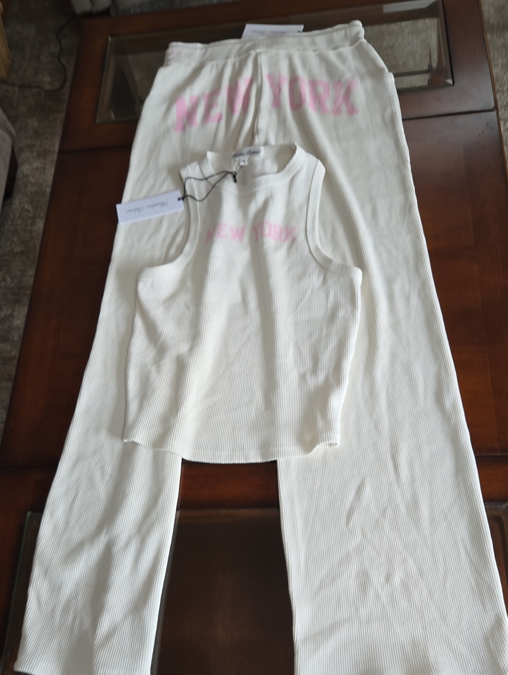 Frankie's Bikinis Cream Ribbed Set with Pink 'New York' Detail